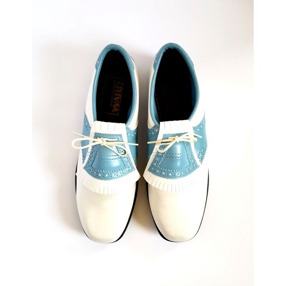 Vintage MONTGOMERY WARD Golf Shoes Sz 9 Blue White Oxford Kiltie Spikes - Picture 4 of 14